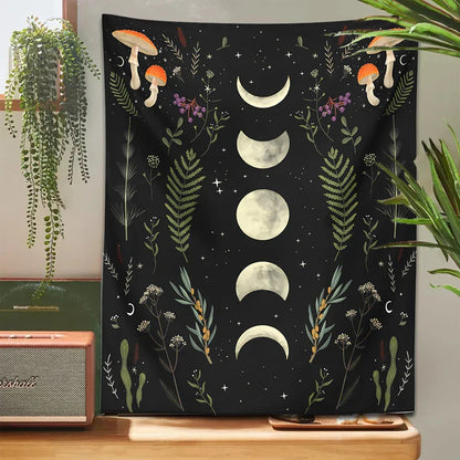 Decobites Moon Phase Mushroom Tapestry Wall Hanging Tapestries - Boho Room Decor