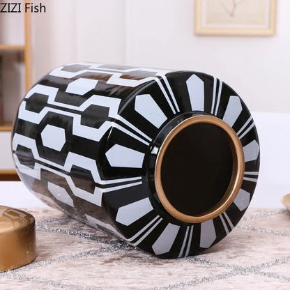 Jarrón de cerámica con rayas geométricas DecorBites™ para decoración del hogar, tanque de almacenamiento, mesa de sala