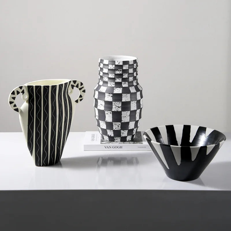 DecorBites™ Black Check Geometric Striped Ceramic Vase - Handcrafted Floral Arrangement Pot