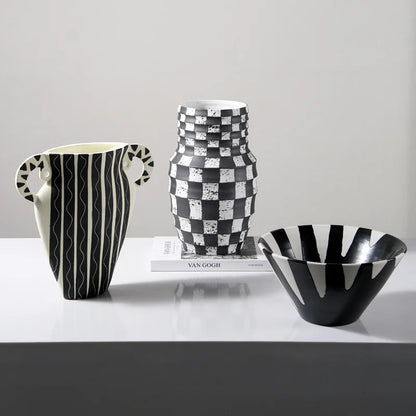 DecorBites™ Black Check Geometric Striped Ceramic Vase - Handcrafted Floral Arrangement Pot
