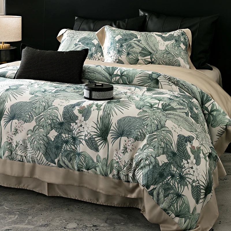 Decobites Flowers Plant Print Bedding Set: Luxe Lyocell Cotton Soft Silky Cool Duvet Cover Set