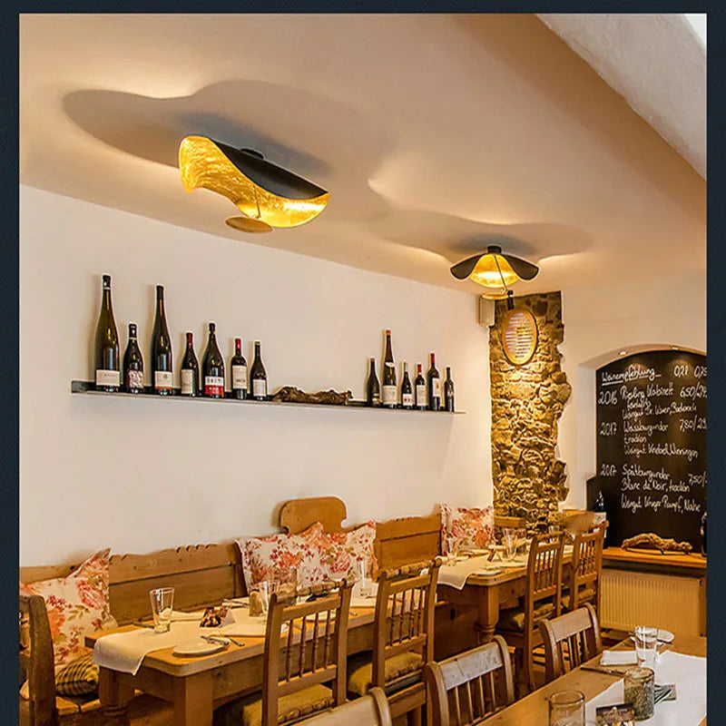 DecorBites™ Lederam Manta Pendant: Industrial Black & Gold Ceiling Light with Lotus Leaf Design