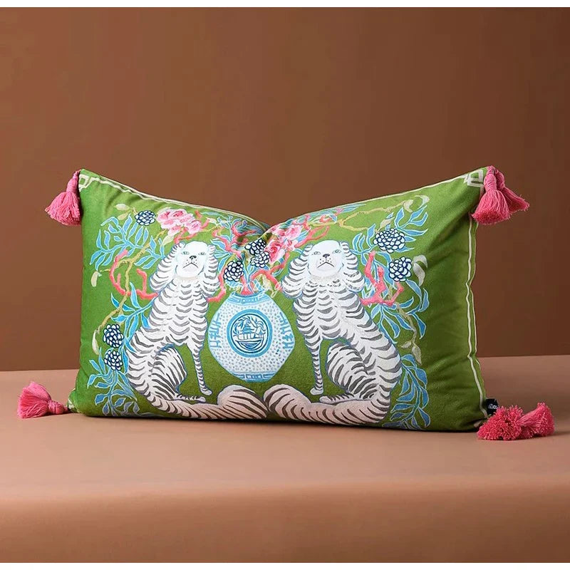 DecorBites™ Handmade Lumbar Pillow Case Lion Dog Floral Decorative Cover