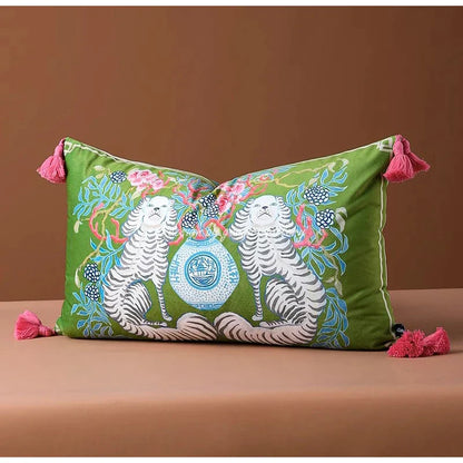 DecorBites™ Handmade Lumbar Pillow Case Lion Dog Floral Decorative Cover