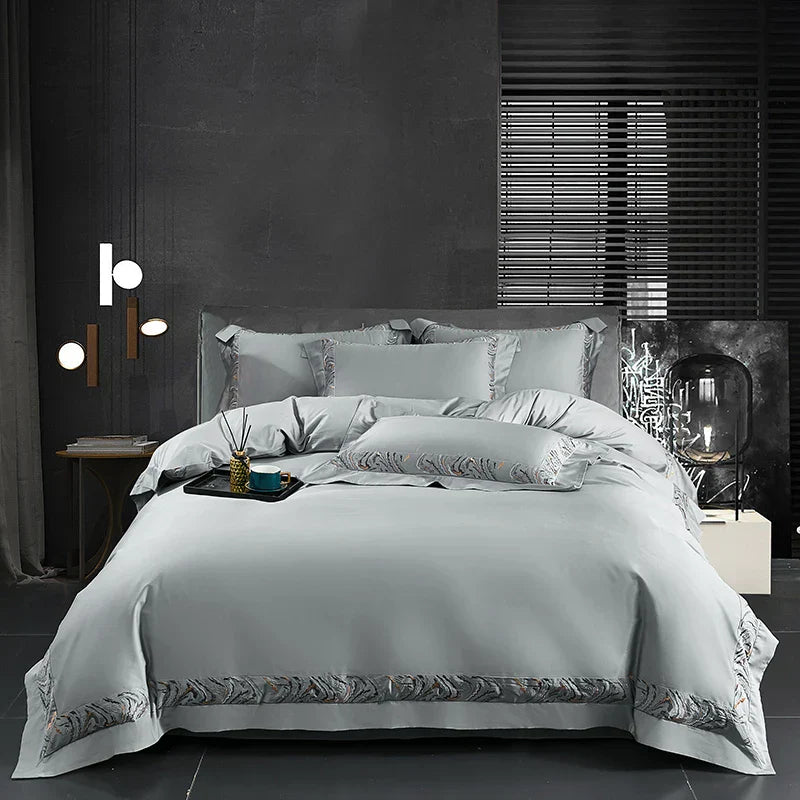 Decobites Zebra Print Embroidery Bedding Set 800TC Egyptian Cotton Grey Orange, Duvet Cover Flat Sheet Pillowcases