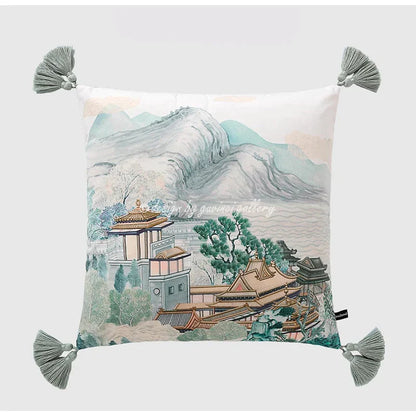 DecorBites™ Chinese City Landscape Velvet Lumbar Pillow Cover with Tassels, 30x50cm