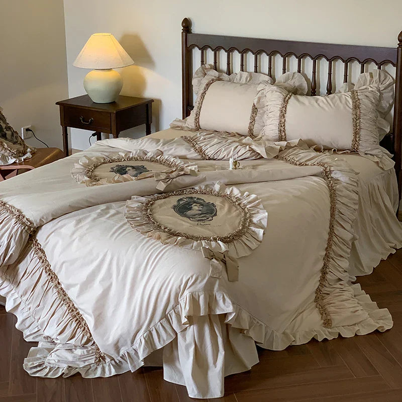 Decobites French Lace Ruffles Vintage Bedding Set, 100% Cotton, Queen/King, 4Pcs