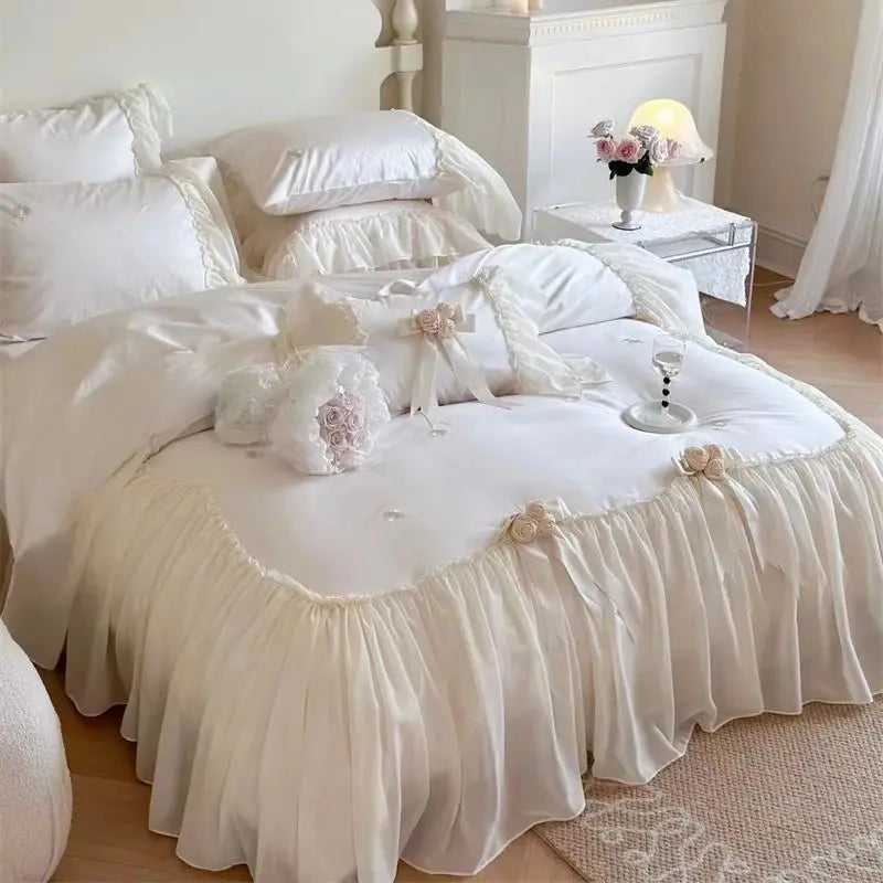 Decobites Romantic Rose Lace Ruffles Princess Wedding Bedding Set - 1200TC Egyptian Cotton