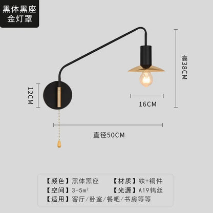 ديكوربايتس™ مصباح حائط بذراع متأرجح أسود/ذهبي LED E27 لغرفة النوم والقراءة والمقهى الفاخر