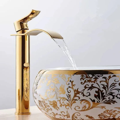 DecorBites™ Gold and White Waterfall Bathroom Basin Faucet Mixer Tap Hot Cold Sink