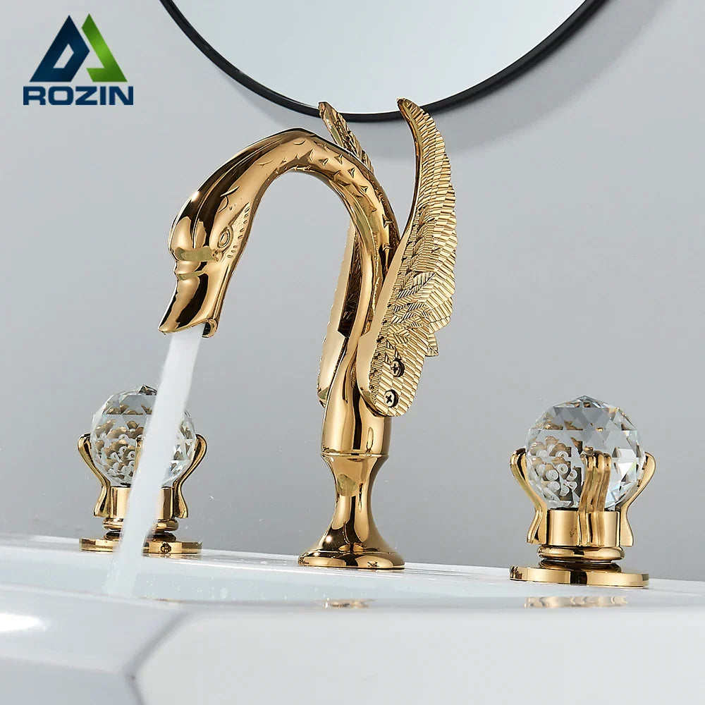 DecorBites™ Gold Swan Basin Faucet - Dual Crystal Handle Bathroom Mixer Tap - Cold/Hot Water