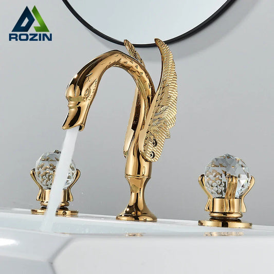 DecorBites™ Gold Swan Basin Faucet - Dual Crystal Handle Bathroom Mixer Tap - Cold/Hot Water