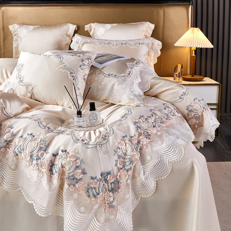 Conjunto de Ropa de Cama de Boda Francesa de Lujo de Encaje de Seda y Algodón Decorbites™ para Dormitorios de Princesa Chic