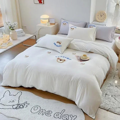 Decobites Cute Bear & Sheep Embroidery Bedding Set for Single/Double Bed