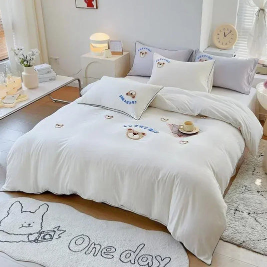 Decobites Cute Bear & Sheep Embroidery Bedding Set for Single/Double Bed