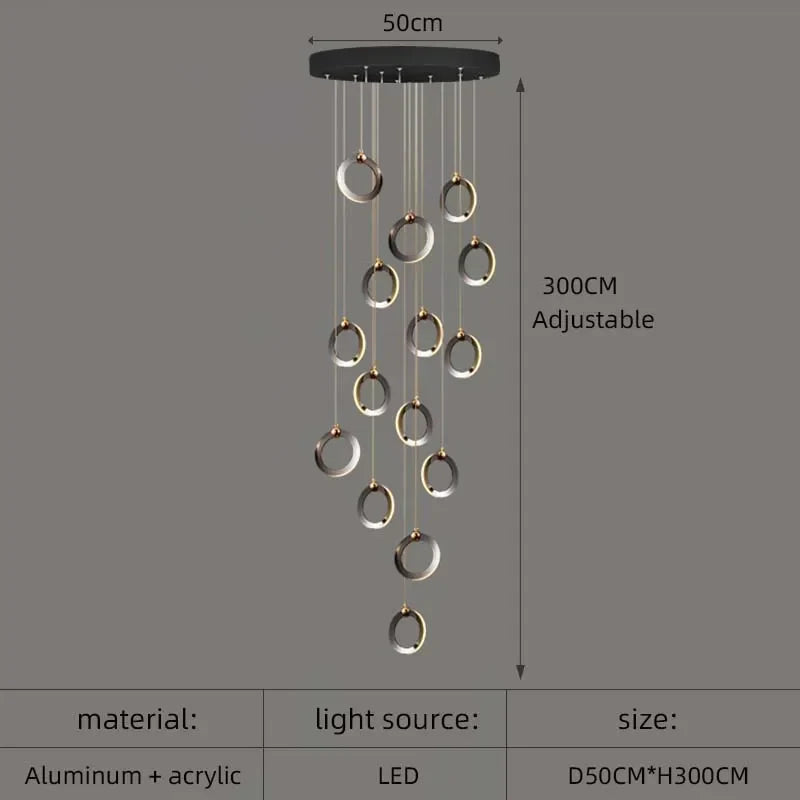 ثريا LED من الألومنيوم من DecorBites™، مصابيح دائرية كريستالية معلقة، تركيبات إضاءة فاخرة للسلالم