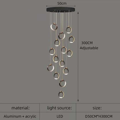 ثريا LED من الألومنيوم من DecorBites™، مصابيح دائرية كريستالية معلقة، تركيبات إضاءة فاخرة للسلالم
