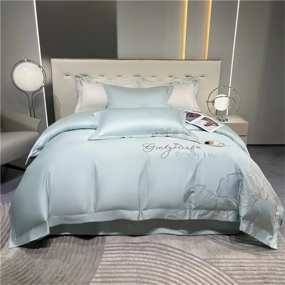 DecorBites™ 1200TC Embroidery Egyptian Cotton Bedding Set 4pcs King Queen Solid Sheet Duvet Cover