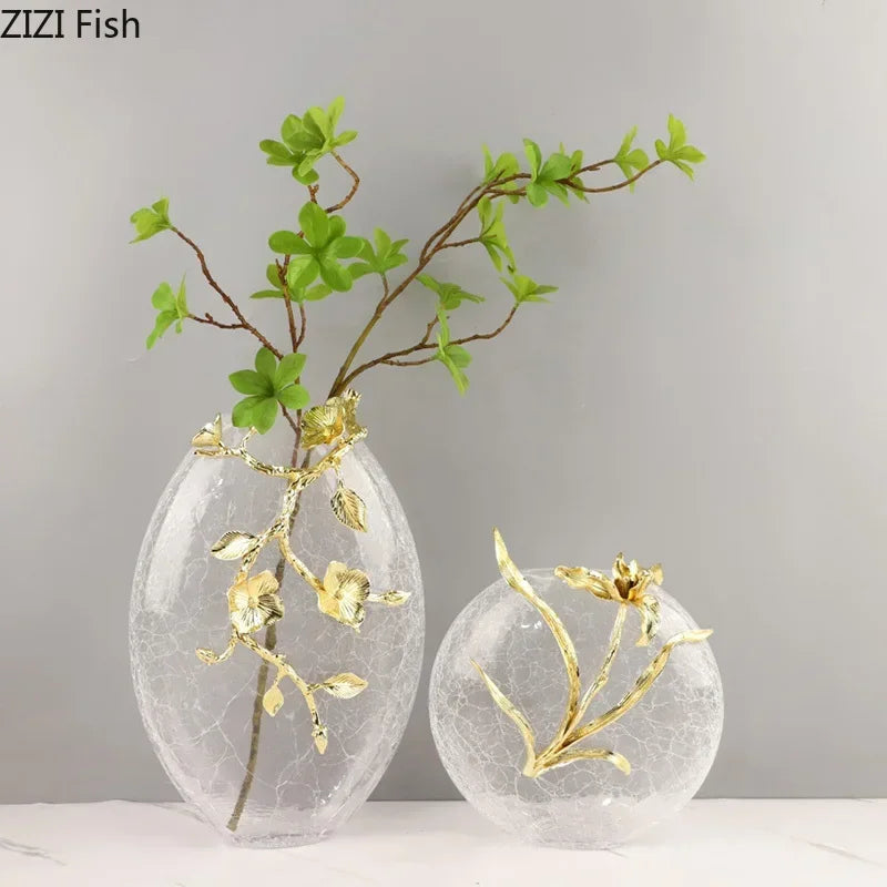 DecorBites™ Golden Flower Glass Vase Desk Decoration, Aesthetic Floral Vases, Room Decor