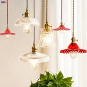 Lámpara colgante de vidrio transparente y rojo vintage para cocina, con montura de latón