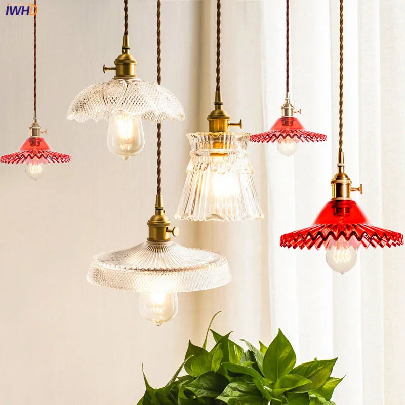 Vintage clear & red glass pendant light kitchen brass fixture