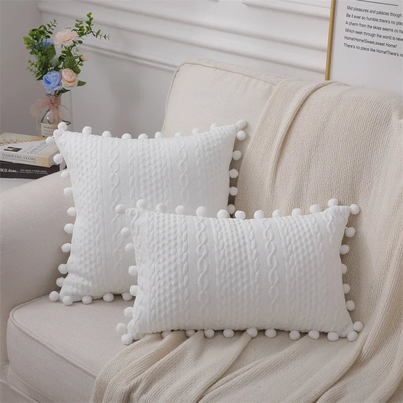 Funda de cojín de algodón con pompón de encaje Decorbites™, 50x50 cm, Bolas blancas, Funda suave para asiento, Decoración del hogar