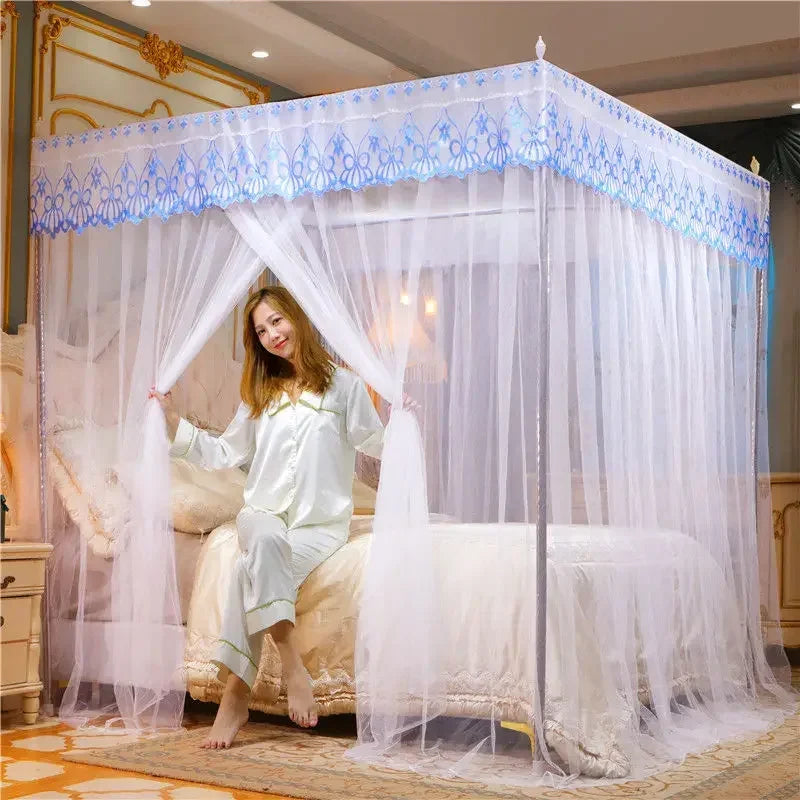 Decobites Mosquito Net Canopy for Queen Double Bed - Lace Pleated Embroidery Square