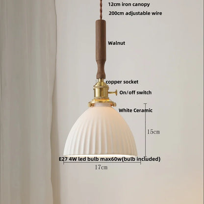 DecorBites™ Ceramic LED Pendant Lamp, Walnut Wood Nordic Hanging Light Fixtures