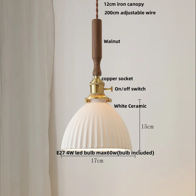 DecorBites™ White Ceramic LED Pendant Light with Walnut Wood Accent - Modern Nordic Design