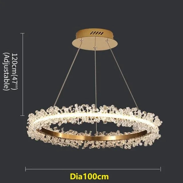 Lámpara de araña LED DecorBites™ con anillo de cristal dorado para decoración del hogar. Ideal para sala de estar, comedor y dormitorio de lujo.