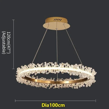 Lámpara de araña LED DecorBites™ con anillo de cristal dorado para decoración del hogar. Ideal para sala de estar, comedor y dormitorio de lujo.