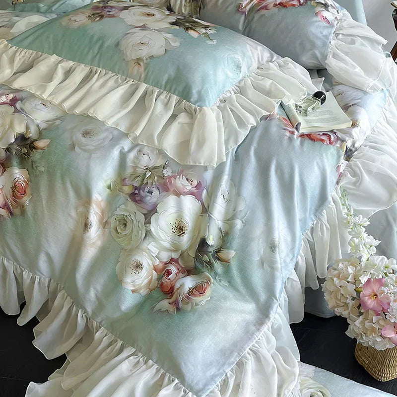 Decobites French Flowers Lace Ruffles Bedding Set: Soft Silky Ice Silk for Single Queen King