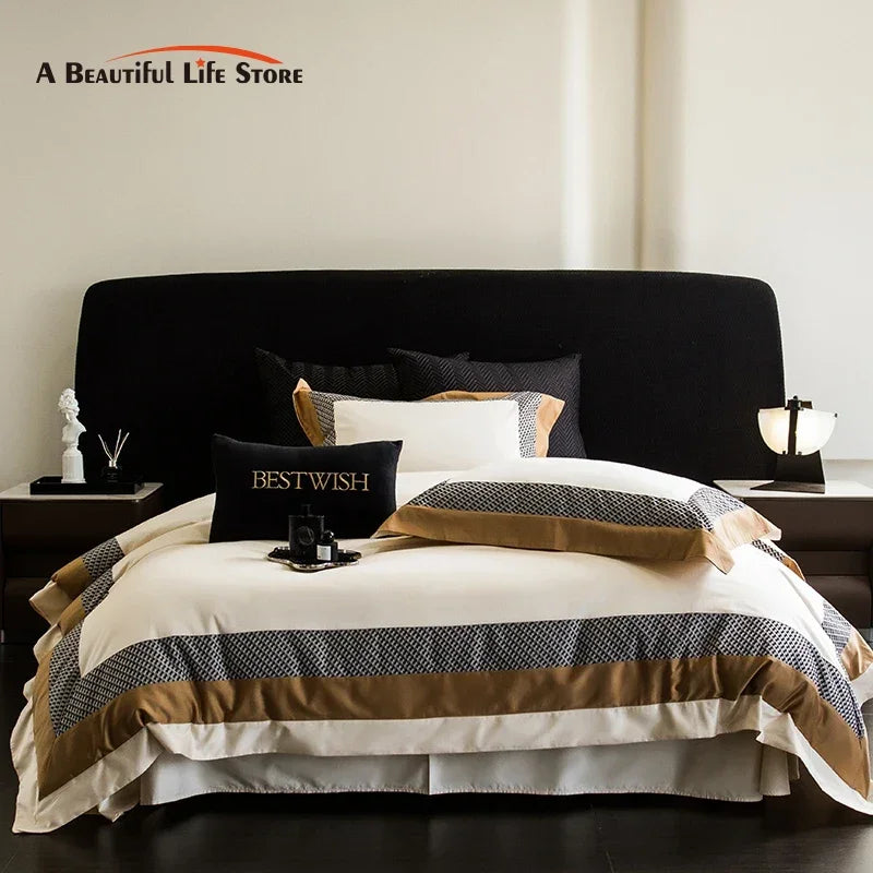 Conjunto de Ropa de Cama de Algodón Egipcio Luxe™ Decorbites - Cubrecama de Tamaño Queen King Sábana Plana Fundas de Almohada