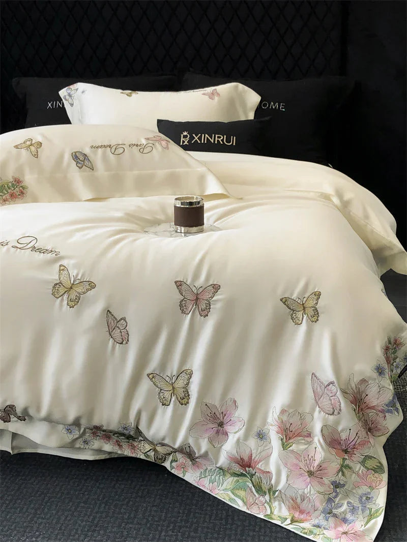 Decobites Butterfly Flowers Embroidery Bedding Set: Silky Soft Eucalyptus Fiber Duvet Cover