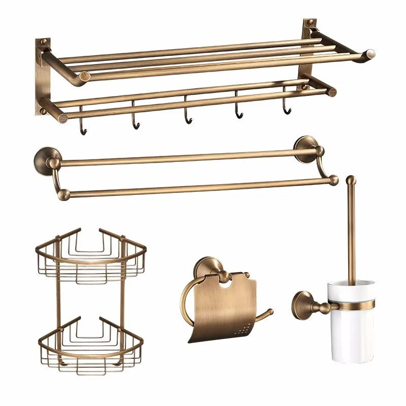 DecorBites™ Antique Brass Bathroom Accessory Set: Towel Rack, Paper Holder, Soap Dish, Towel Ring, & More