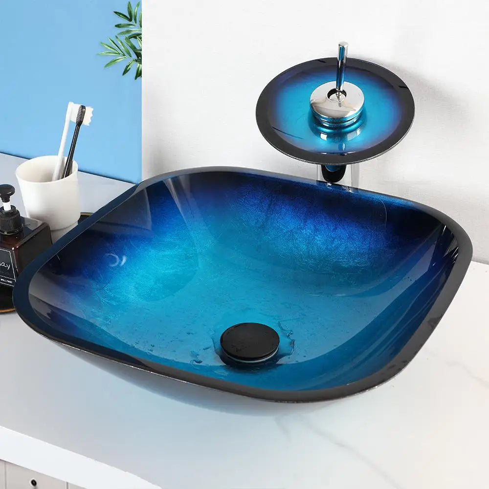 Decorbites™ Gradient Blau Glas Waschbecken Armatur-Set mit Wasserfall-Mischbatterie