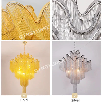 DecorBites™ Fringed Chandelier: Silver & Gold Aluminium Chain Pendant Light for Luxe Home & Hotel Decor