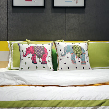 DecorBites™ Ethnic Flower Elephant Pillowcase, Hand-Embroidered Boho Cushion Cover