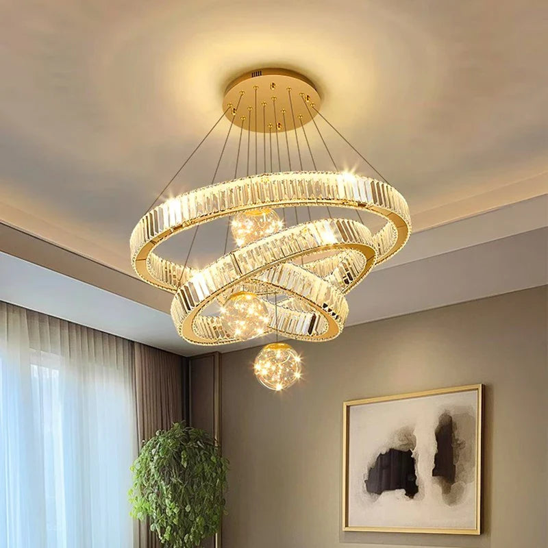 Modern Crystal Multi-Ring Pendant Light in Brushed Steel