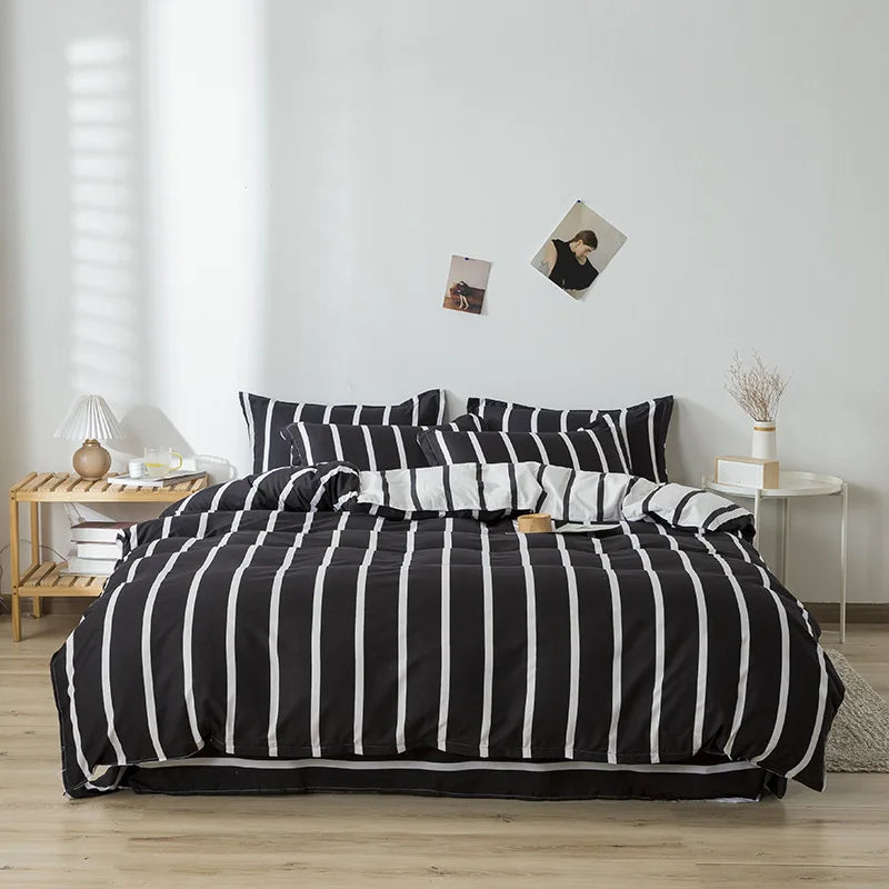 Decobites Line Block Print Bedding Set, Duvet Cover with Sheet Pillowcases, Single Double Bed