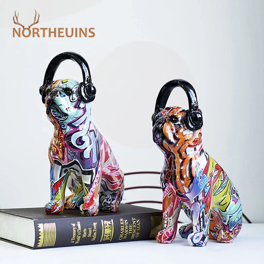 DecorBites™ Bulldog Headphone Figurines: Resin Graffiti Art Dog Statue Desktop Decor