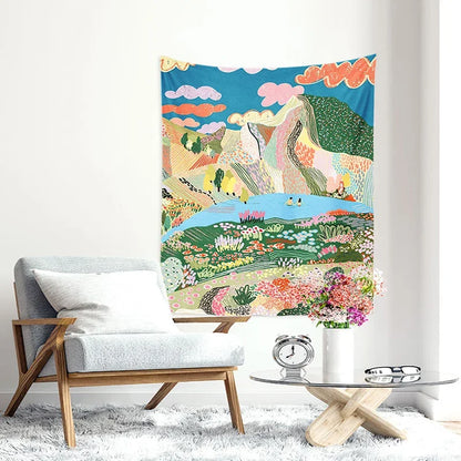 Nordic Landscape Tapestry - Decobites Pastoral Illustration Bedside Wall Hanging for Bedroom Décor