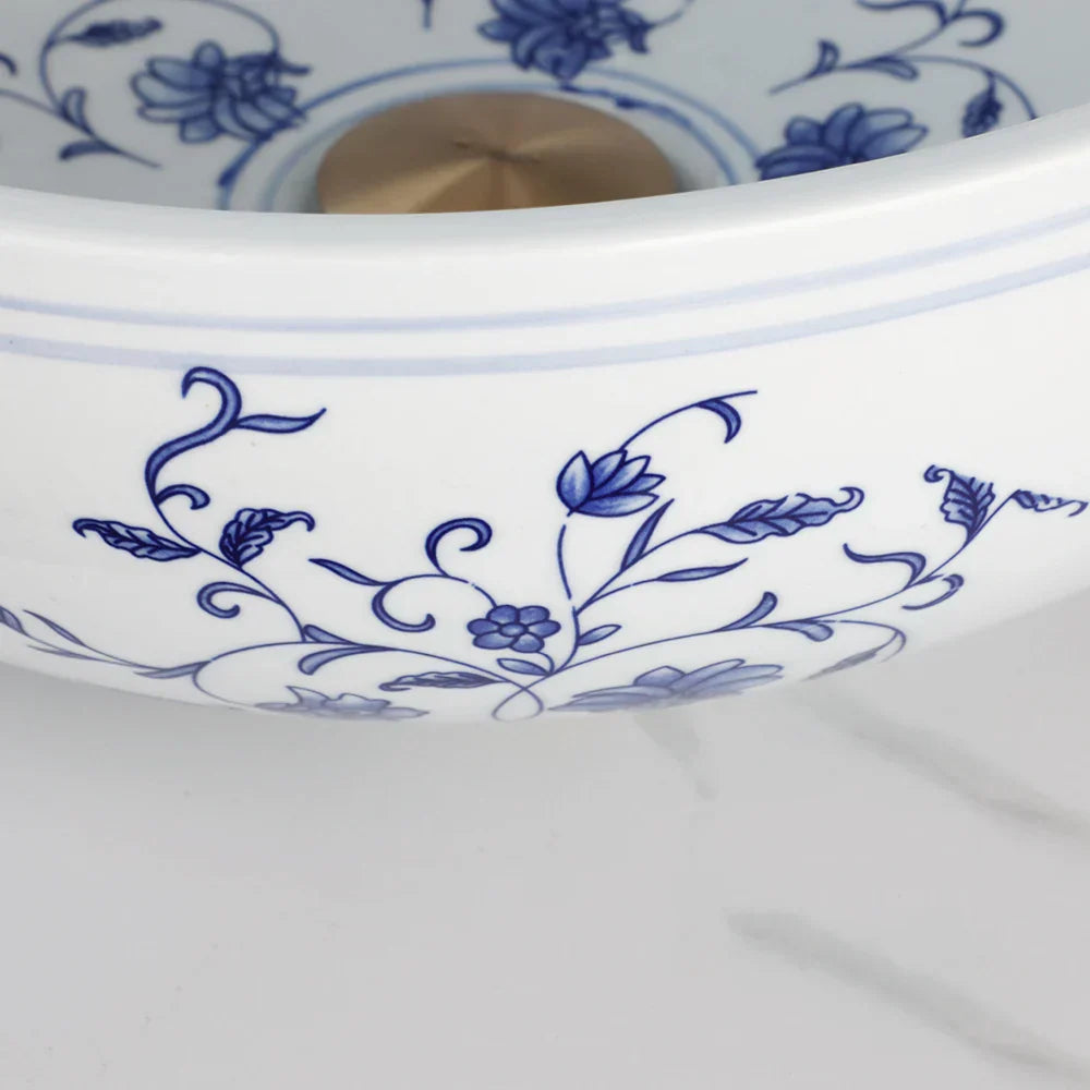 DecorBites™ Blue & White Porcelain Basin Set with Bamboo Faucet and Pop Drain.