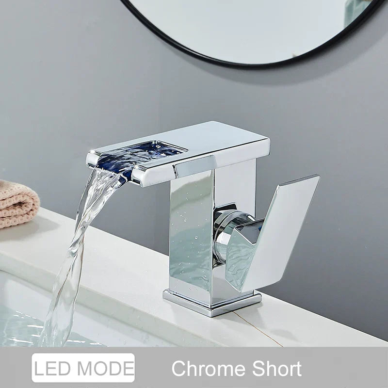 DecorBites™ Black LED Waterfall Bathroom Faucet, Deck Mounted, Three Color Change