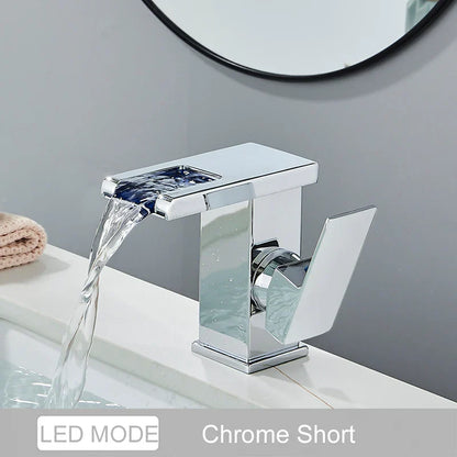 DecorBites™ Black LED Waterfall Bathroom Faucet, Deck Mounted, Three Color Change