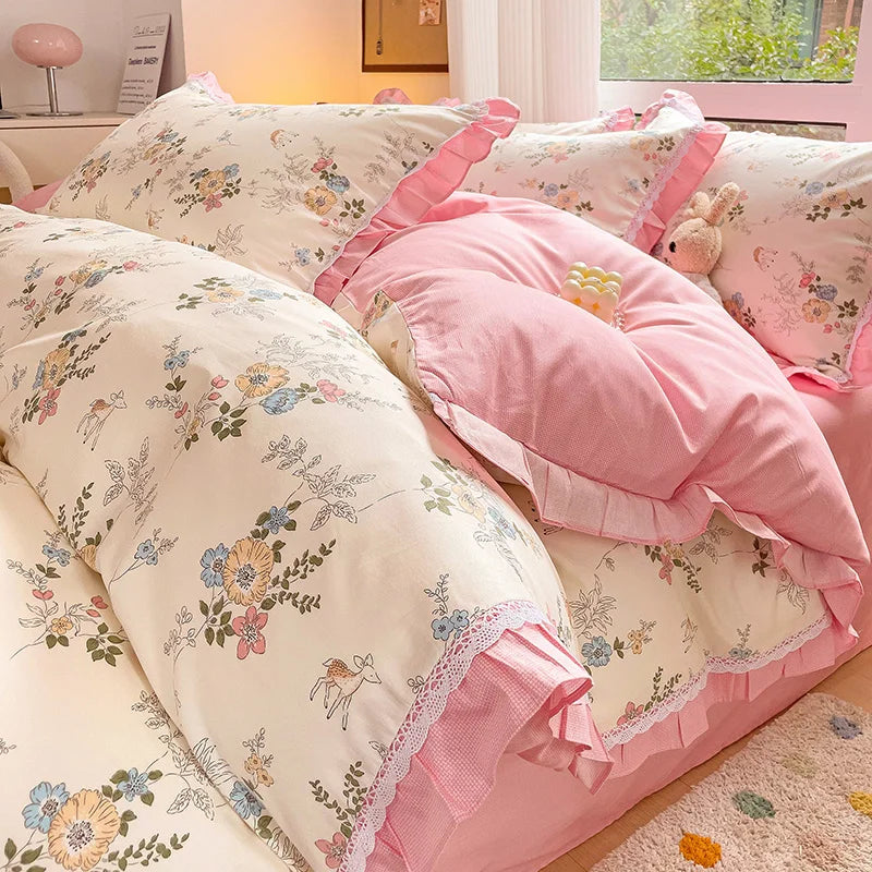 Decobites Floral Ruffles Bedding Set with Duvet Cover, Sheets, and Pillowcases