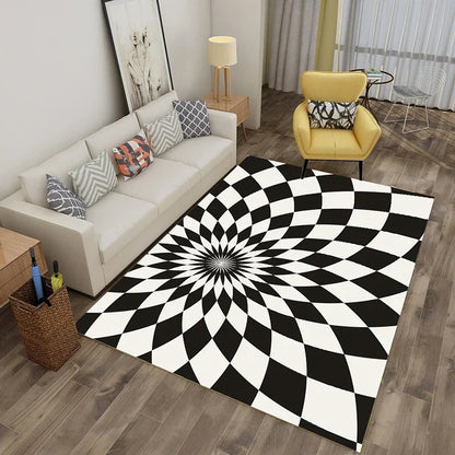 Decobites Checkered Vertigo Carpets: 3D Stereoscopic Living Room Rugs in Crystal Velvet