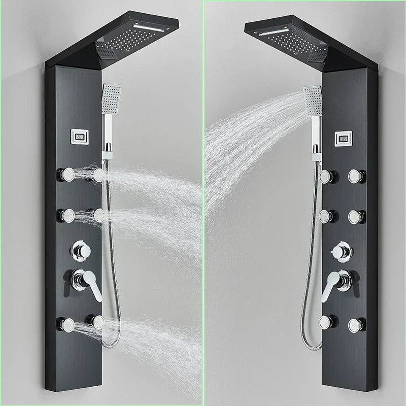 صنبور دش أسود مثبت على الحائط من DecorBites™ مع شلال مطري وخلاط ساخن وبارد