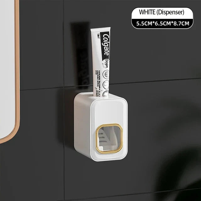 DecorBites™ Inverted Toothbrush Holder with Automatic Toothpaste Squeezer & Makeup Storage Rack