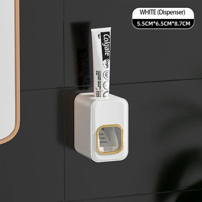 DecorBites™ Inverted Toothbrush Holder with Automatic Toothpaste Squeezer & Makeup Storage Rack